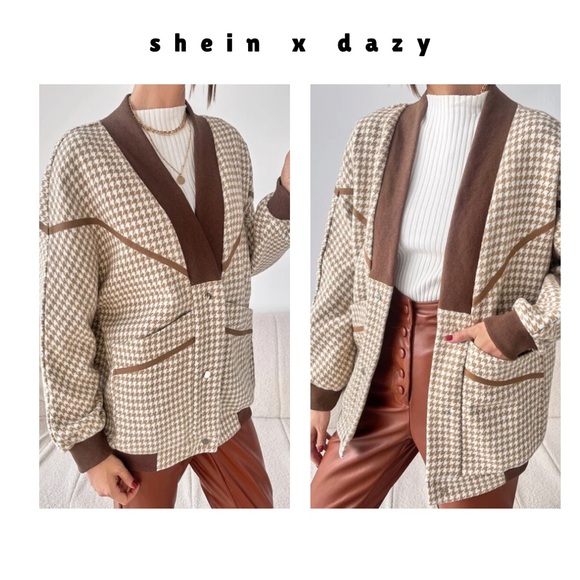shein dazy • brown & white houndstooth snap button overcoat jacket - Picture 3 of 16